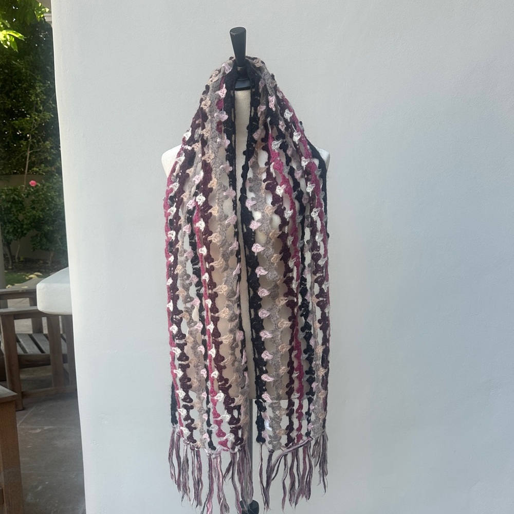 Multicolor Burgundy Purple Cream Open Crochet Women's Scarf-  Missoni Style